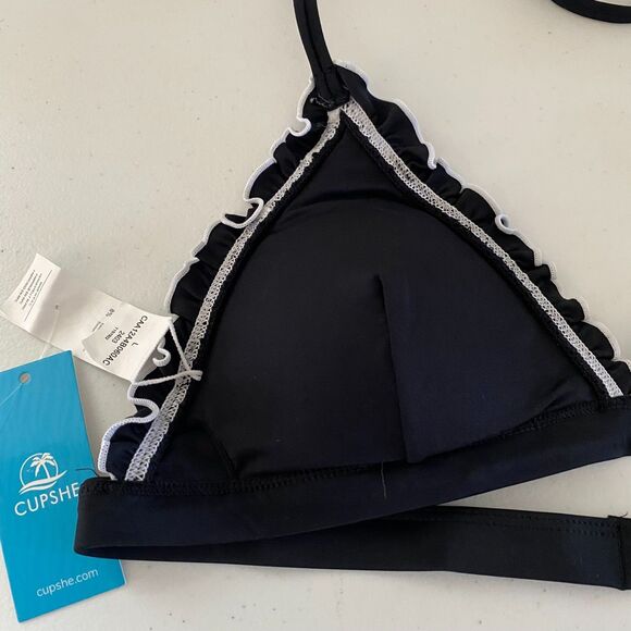 Cupshe Atlantic Contrast Stitch Ruffle Bikini Bralette Womens L Black & White - Picture 6 of 11